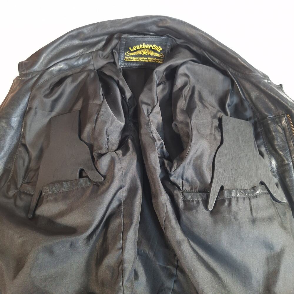 Leather Cult Jacket Mens Unisex Medium Black Genuine Leather Biker Vintage Moto - Picture 7 of 15